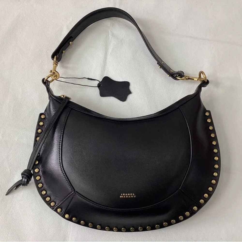 Isabel Marant Black Leather Crescent Shoulder Bag with Gold Studs